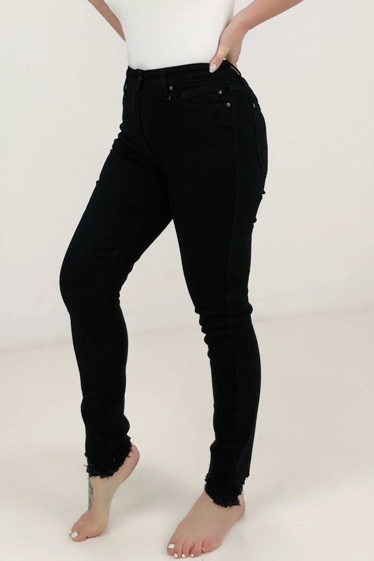 Judy Blue High Waist "Control Top" with Shark Hem & Back Shield Pkt Skinny Jeans