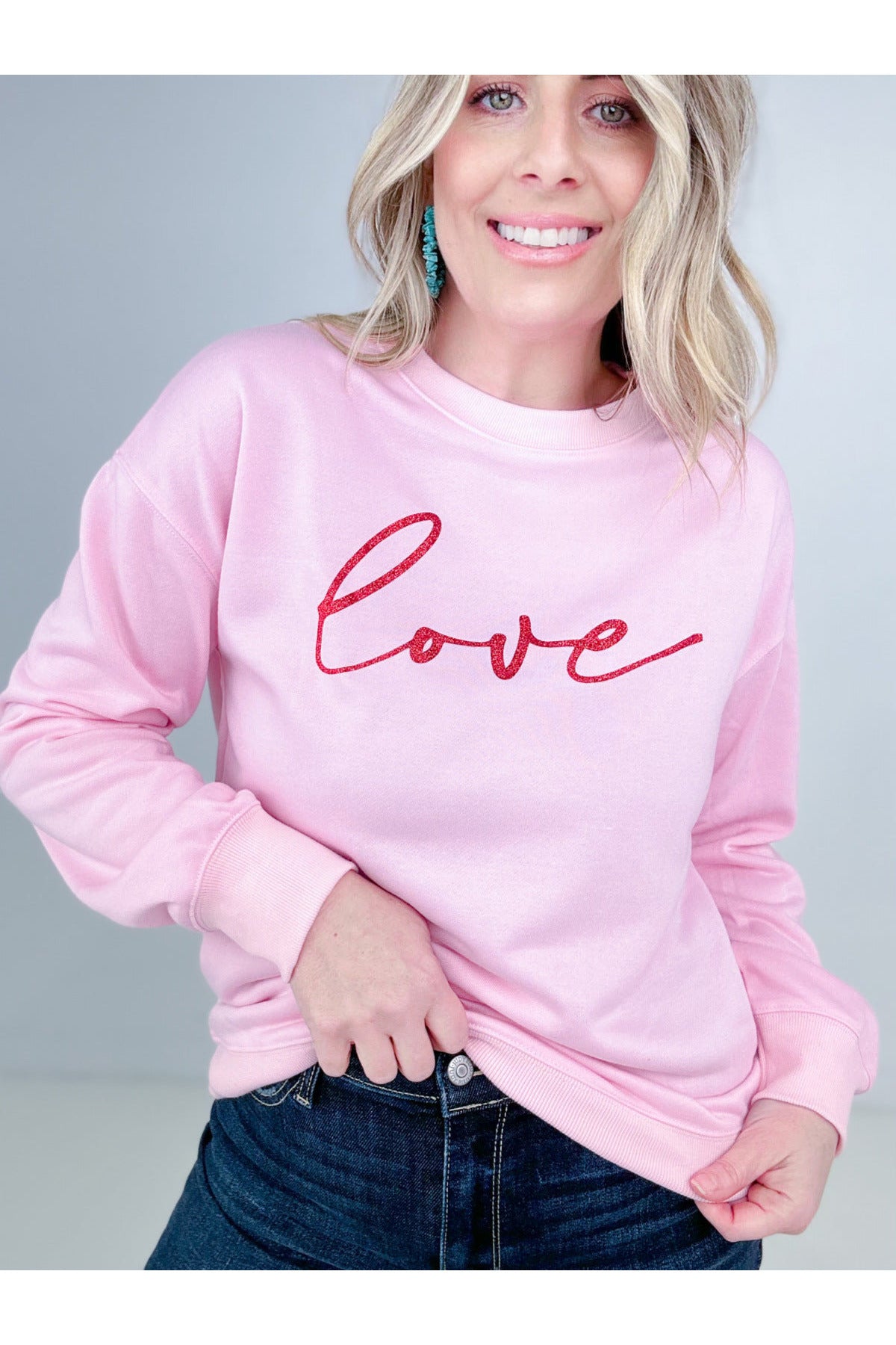 "L Is For Love" Love Glitter Print Crew Neck Sweatshirt