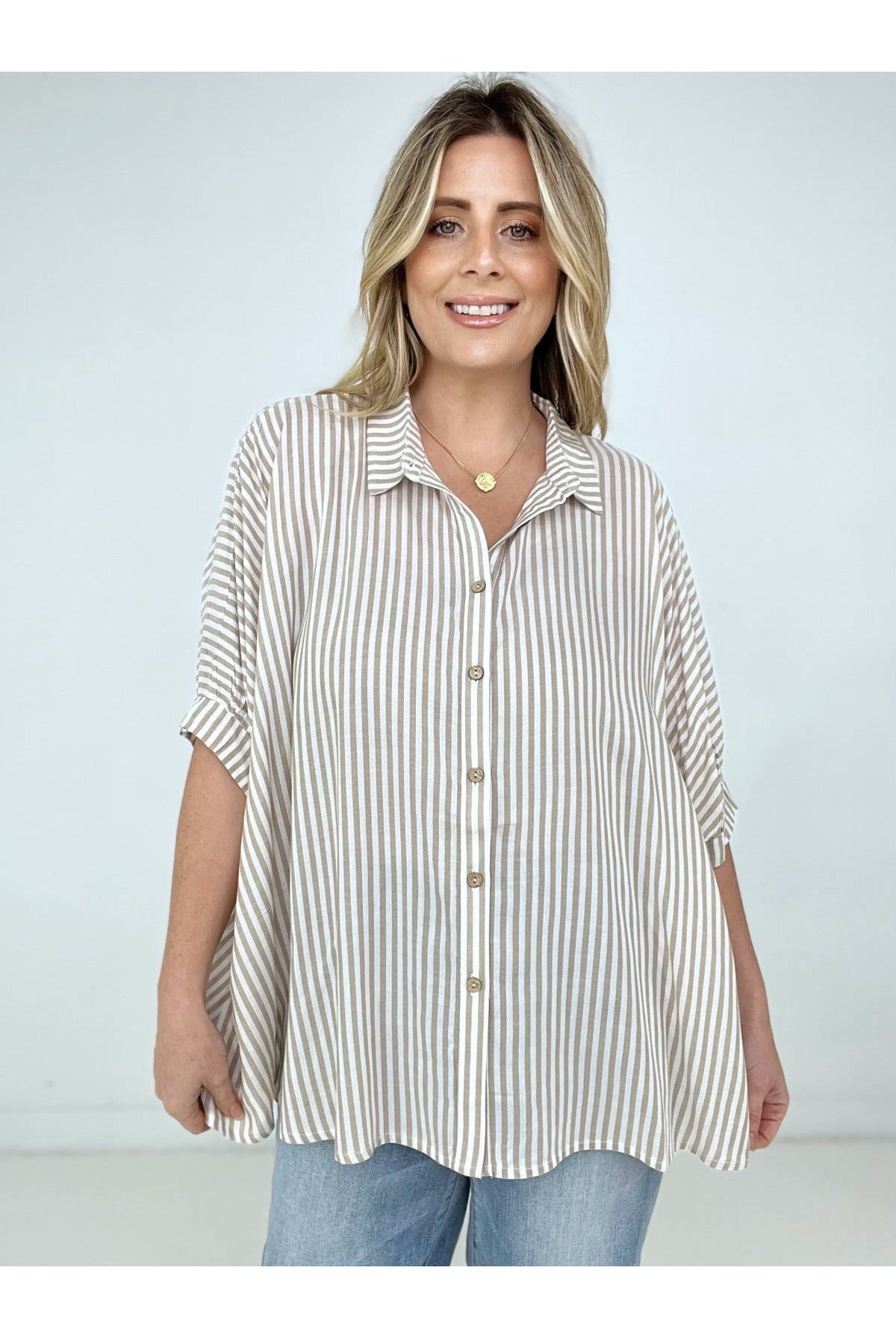 Zenana "Lucky Stripes" Oversized Striped Short Sleeve Button-Up Shirt