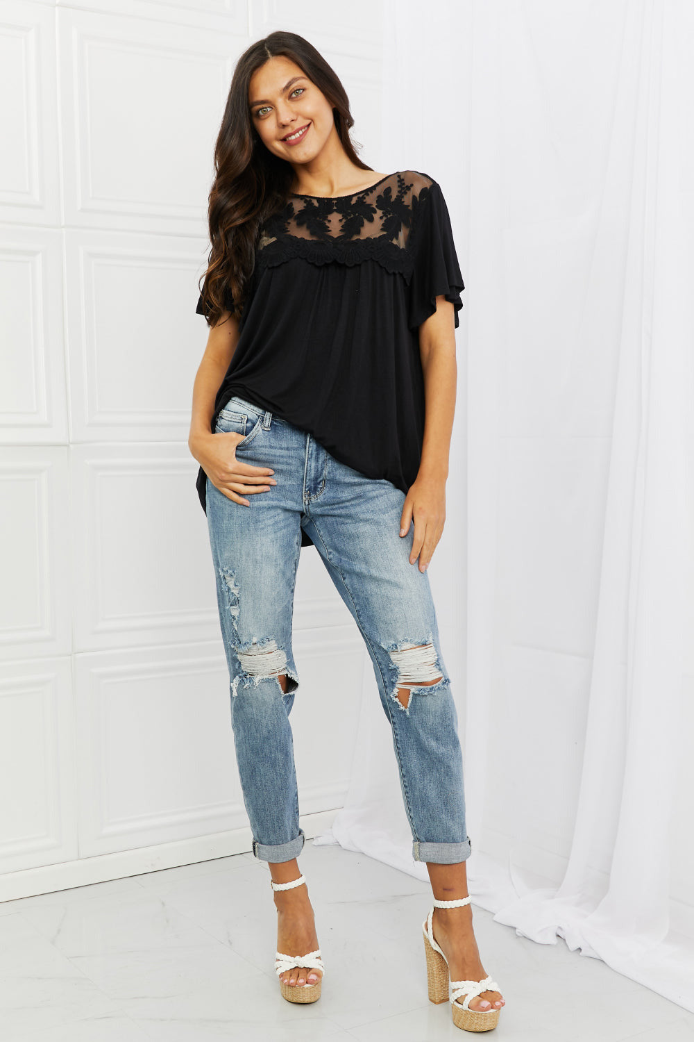 Culture Code Ready To Go Full Size Lace Embroidered Top in Black
