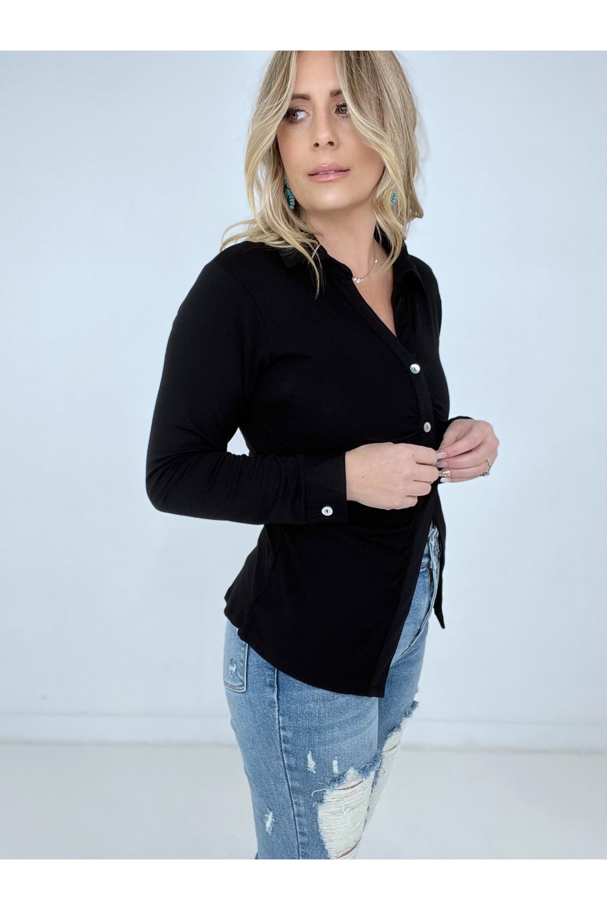 Zenana 'Ruched Romance" Long Sleeve Button Down Top with Ruched Bodice