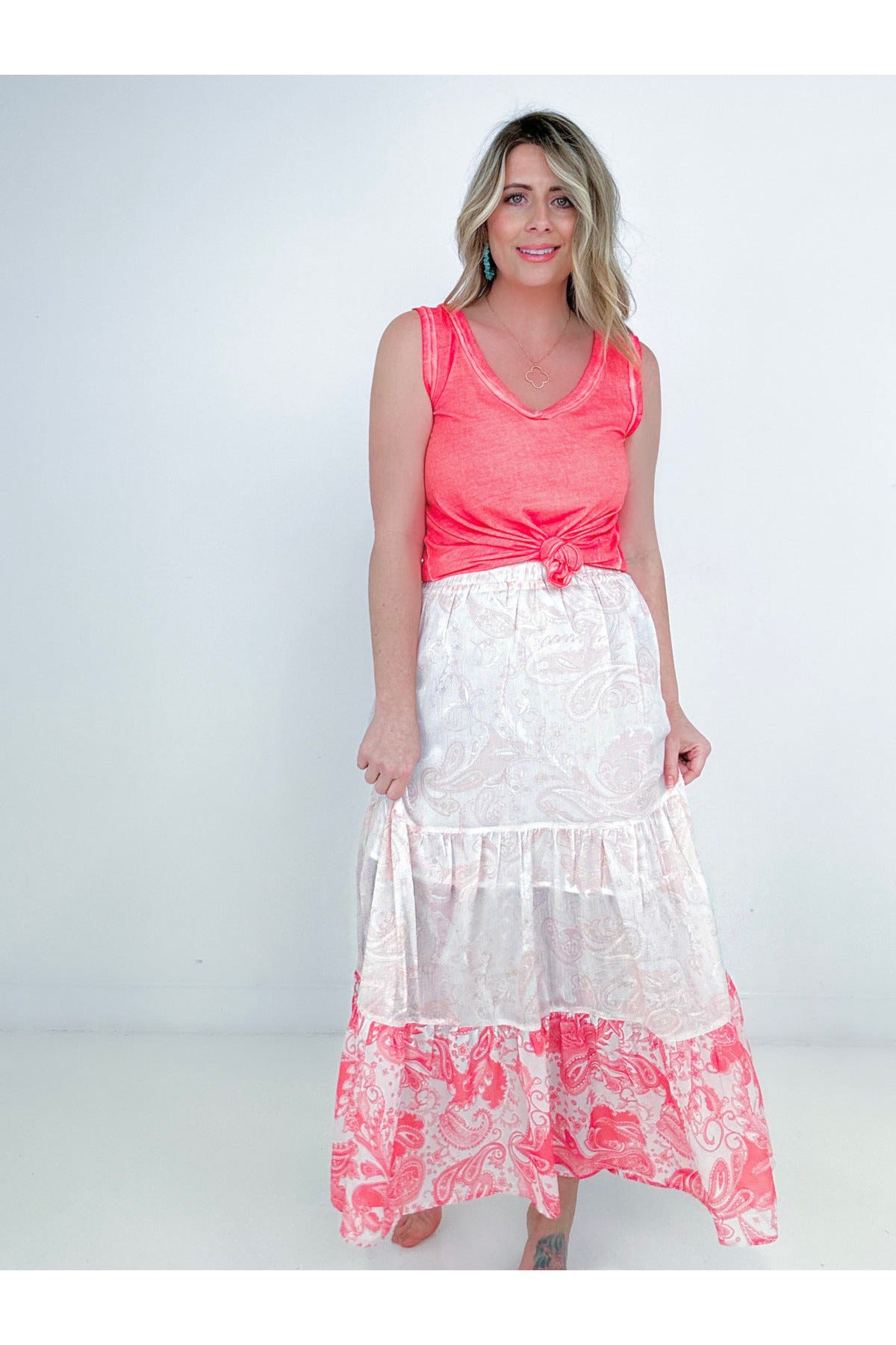 Pink Floral Print Ruffle Hem Tiered Maxi Skirt