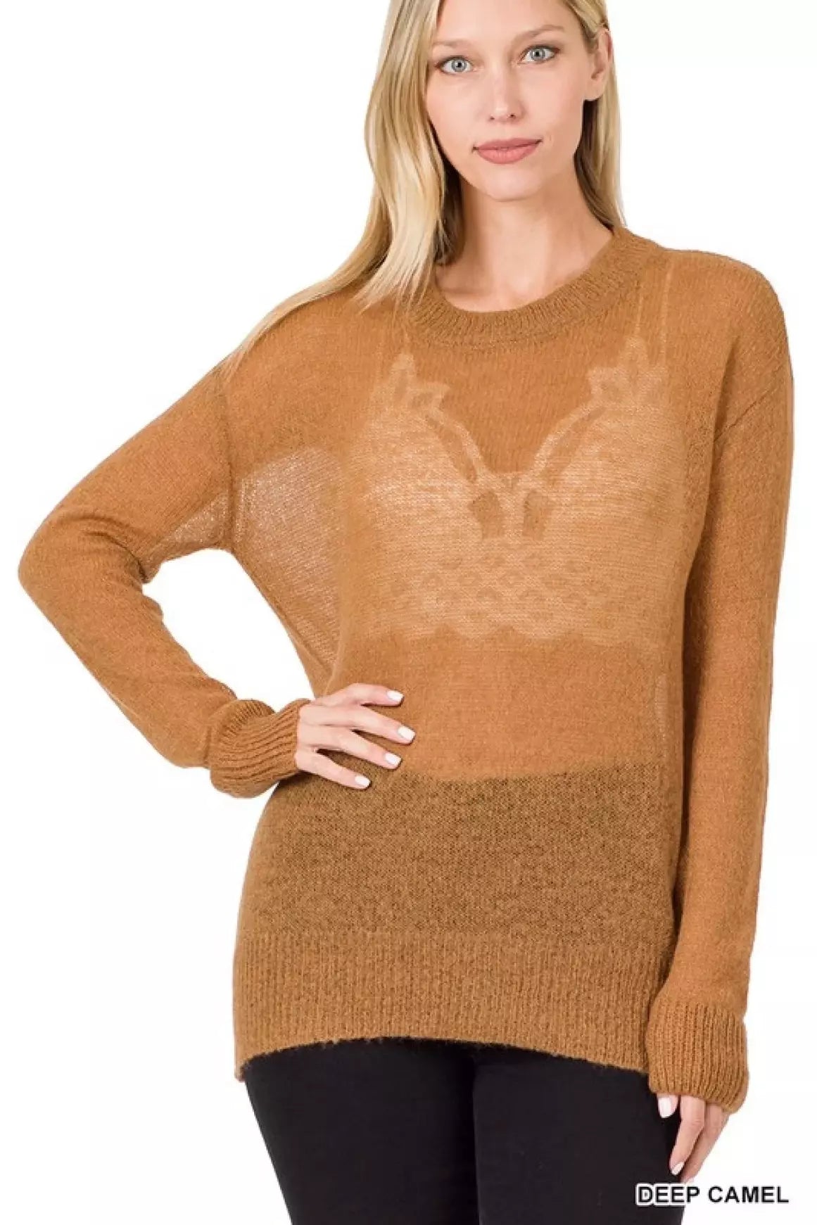 Zenana Solid Long Sleeve See-Through Wool Sweater