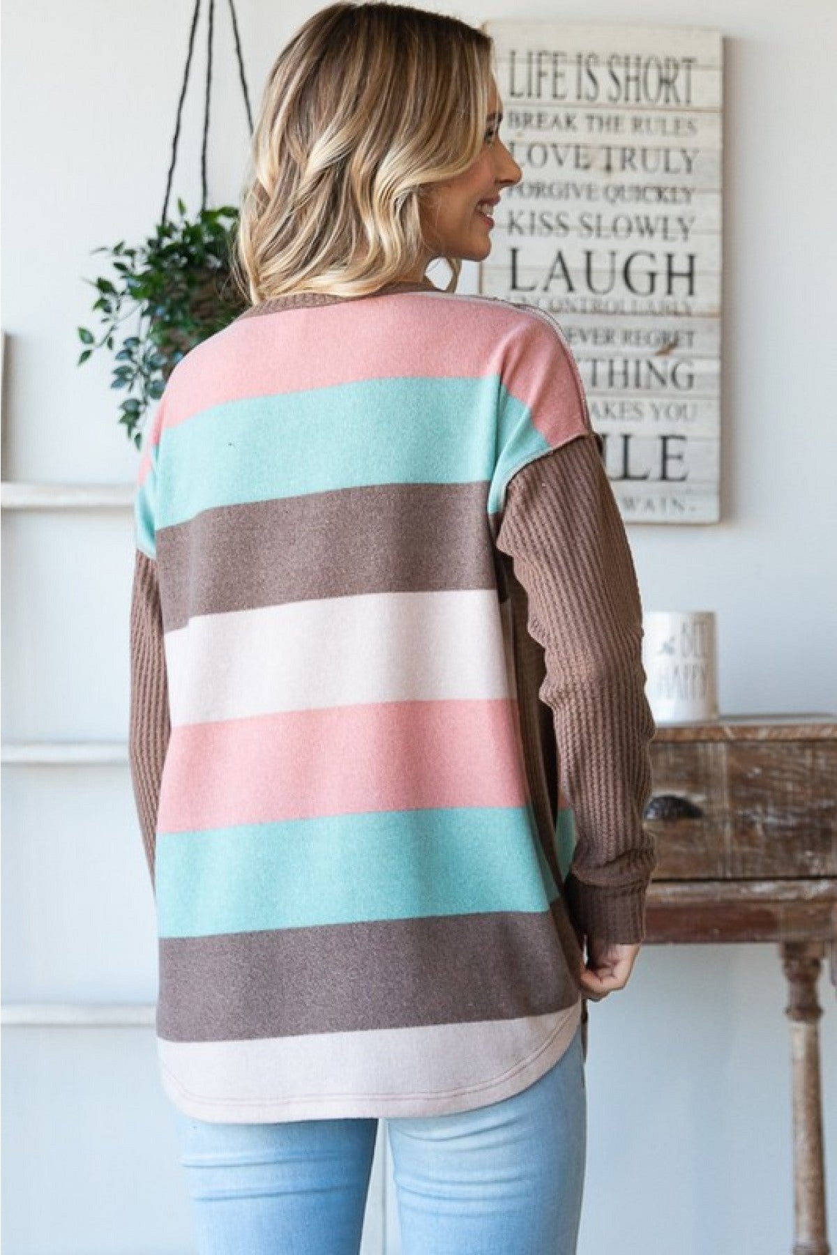 7th Ray Multi Color Stripe Contrast Waffle Knit Top