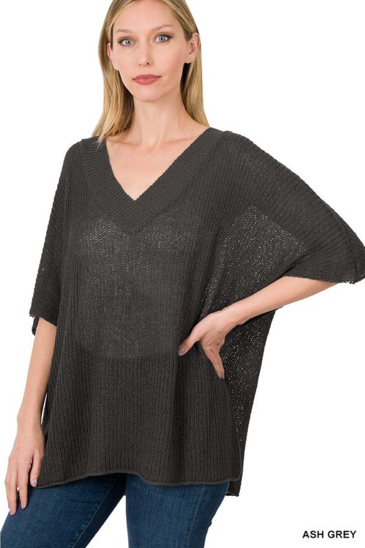 Zenana "Carrie" Oversized V-Neck Sheer Knit Top
