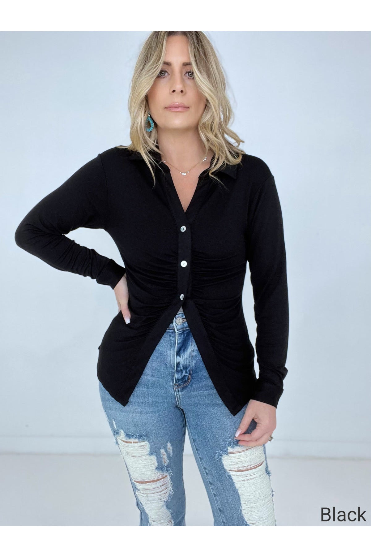 Zenana 'Ruched Romance" Long Sleeve Button Down Top with Ruched Bodice