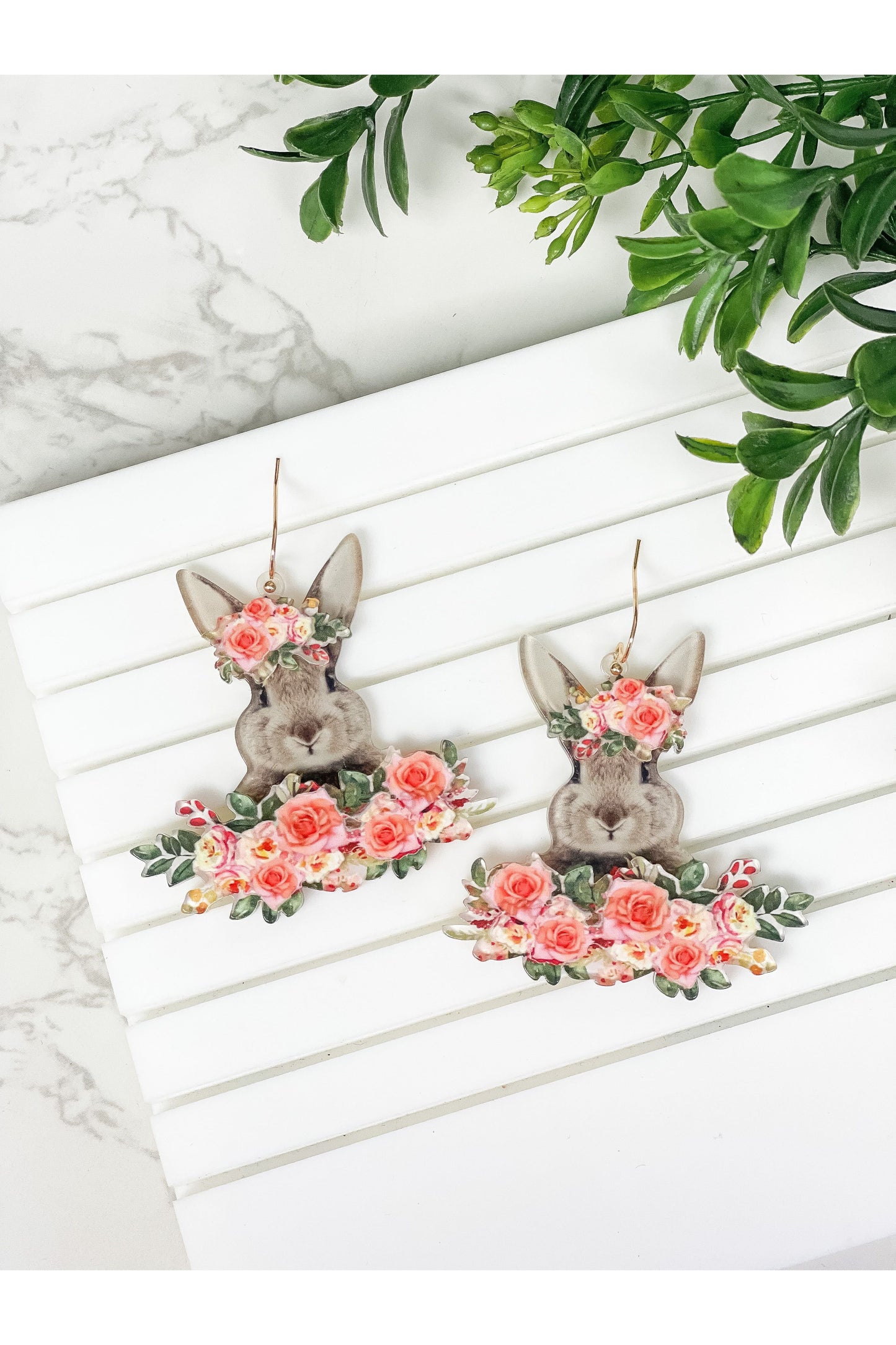 Floral Bunny Rabbit Dangle Earrings