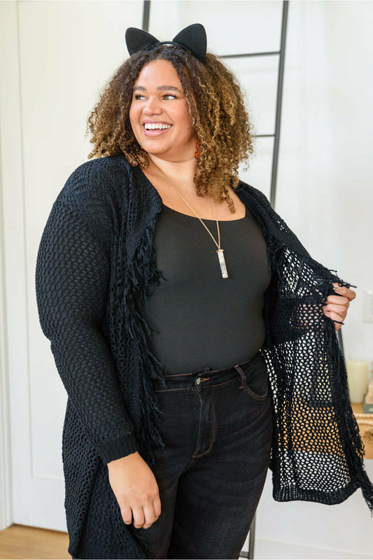 Knit And Fringe Cardigan in Black