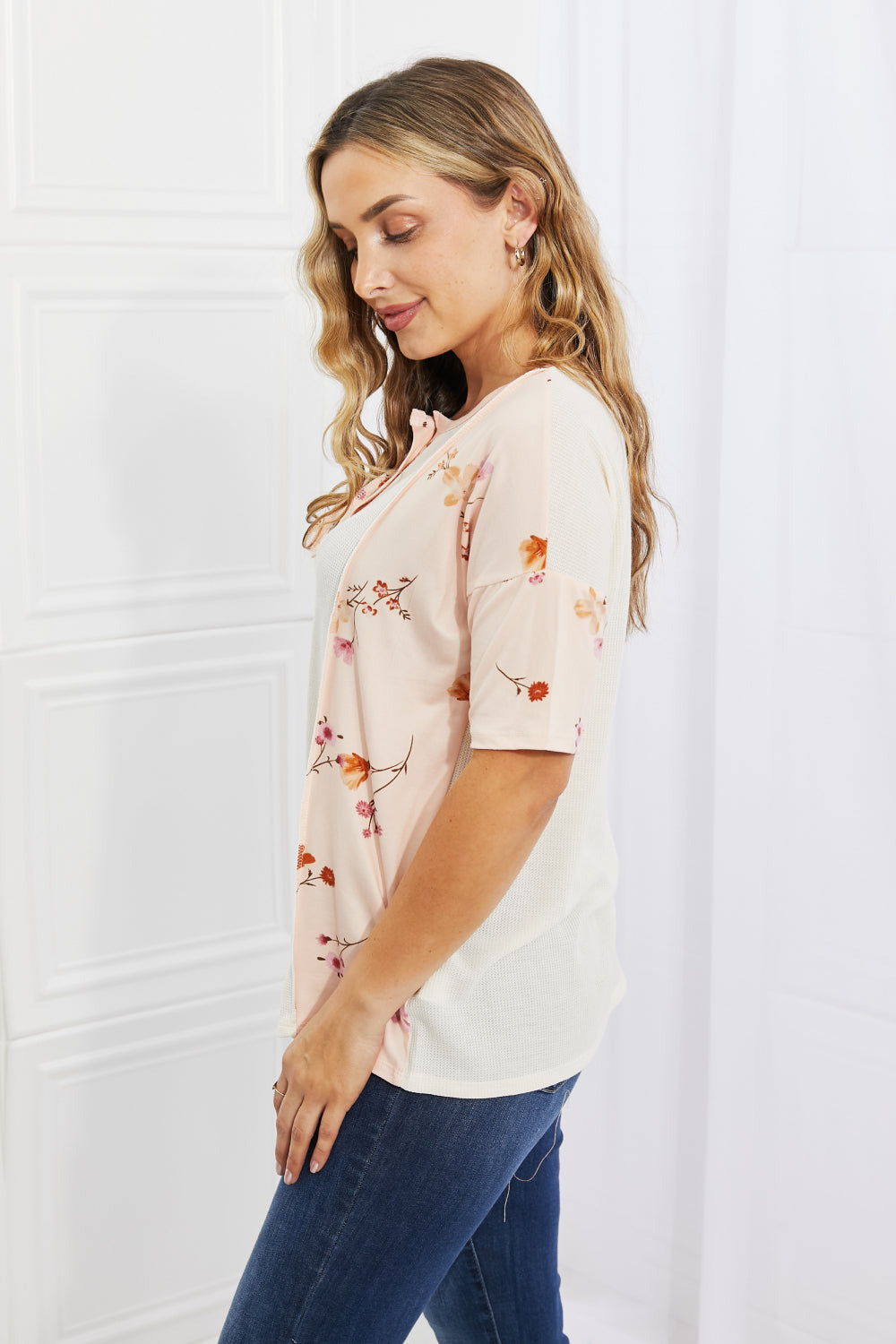 BOMBOM She's Blossoming Floral Contrast Knit Top in Blush
