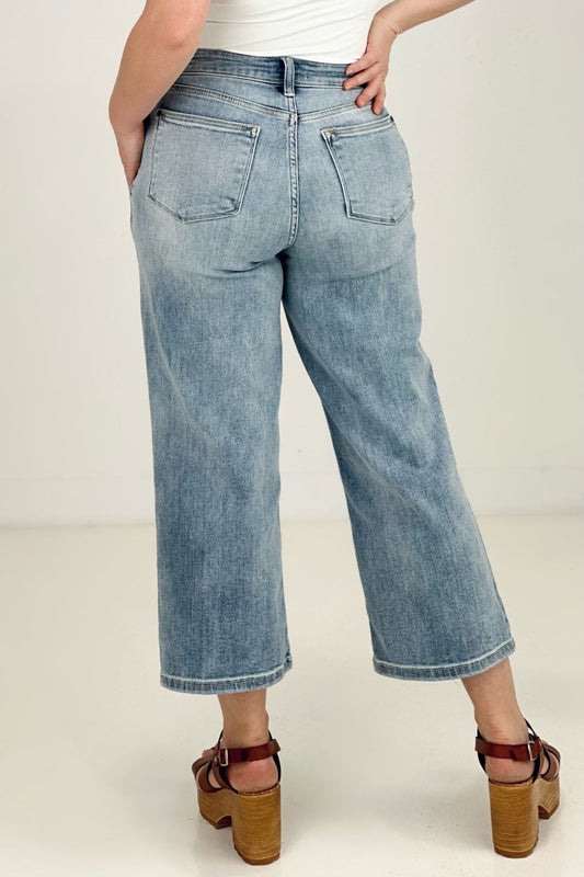 Judy Blue High Waist Button Fly Vintage Wasg Crop Wide Leg Jeans