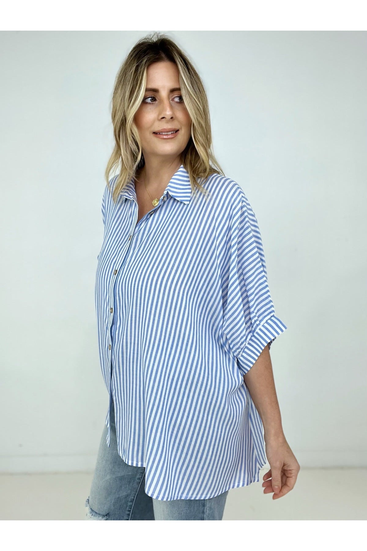 Zenana "Lucky Stripes" Oversized Striped Short Sleeve Button-Up Shirt