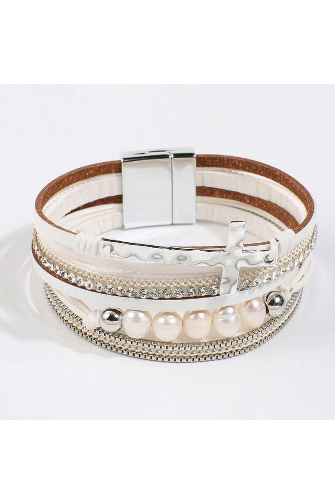 Boho Pearl Leather Wrap Bracelet With Magnetic Clasp