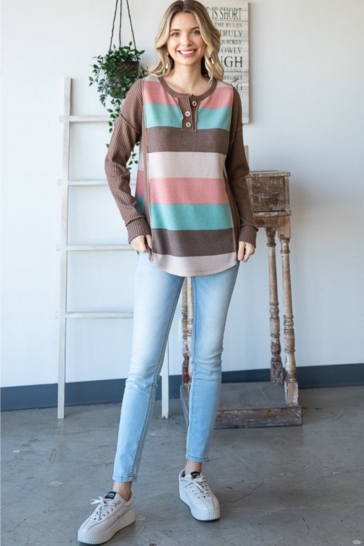 7th Ray Multi Color Stripe Contrast Waffle Knit Top